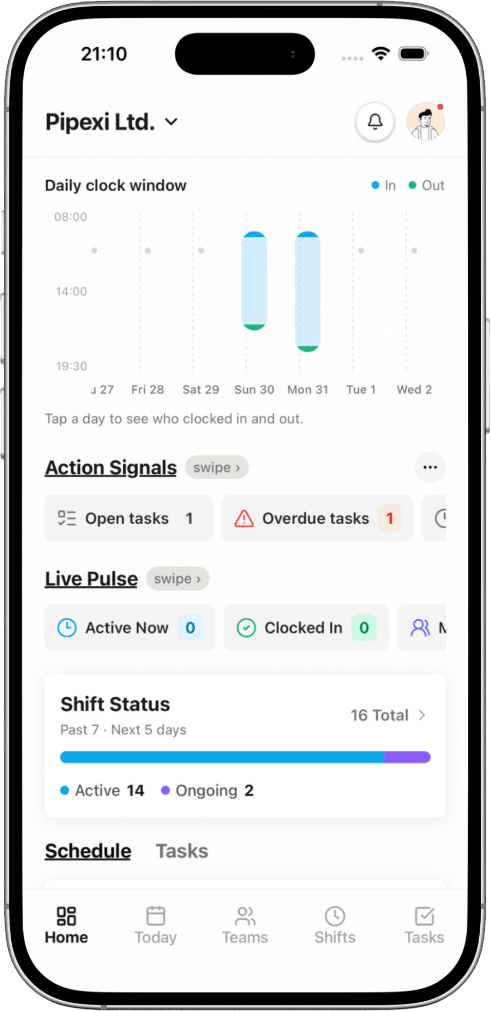 Pipexi iPhone app showing live workforce activity, clock windows and shift status