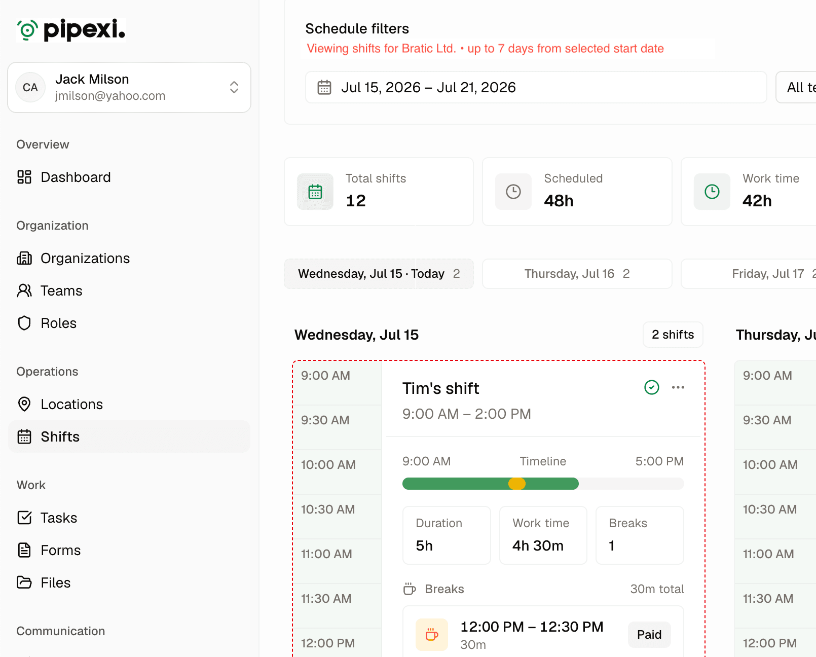Pipexi shift schedule with working time, breaks and team assignments